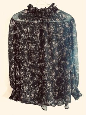 Sheer Black Floral Long-Sleeve Blouse - Lightweight, Women's Large